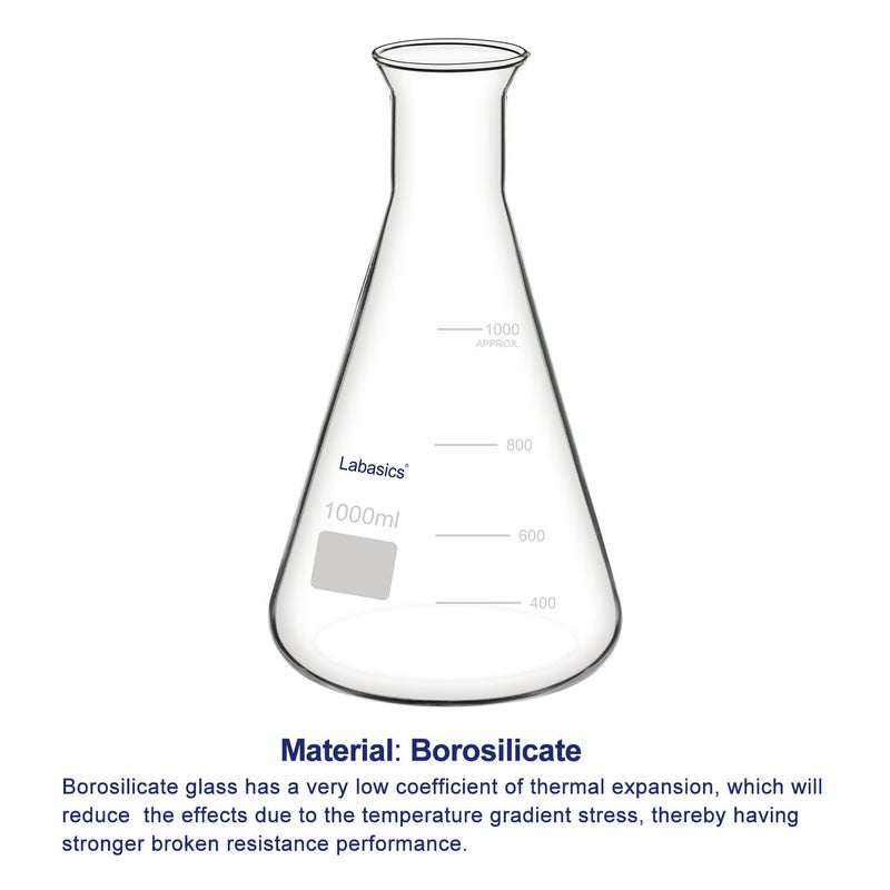 Labasics Glass Wide Mouth Erlenmeyer Flask, Borosilicate Glass Erlenmeyer Flask with Heavy Duty Rim, 1000 ml Capacity (Pack of 1) - Image 3